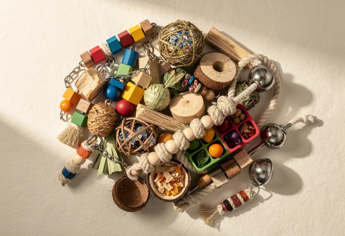 Pile of parrot toys including wooden blocks, woven foraging balls, rope perches, coconut shells and stainless bells